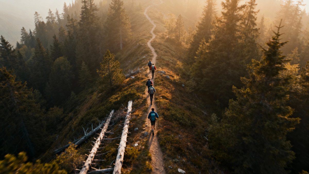 de jeunes gens sont en train de faire une randonnée à la montagne